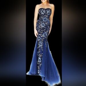 Sherri Hill Navy Blue Strapless Sequin Mermaid Gown
